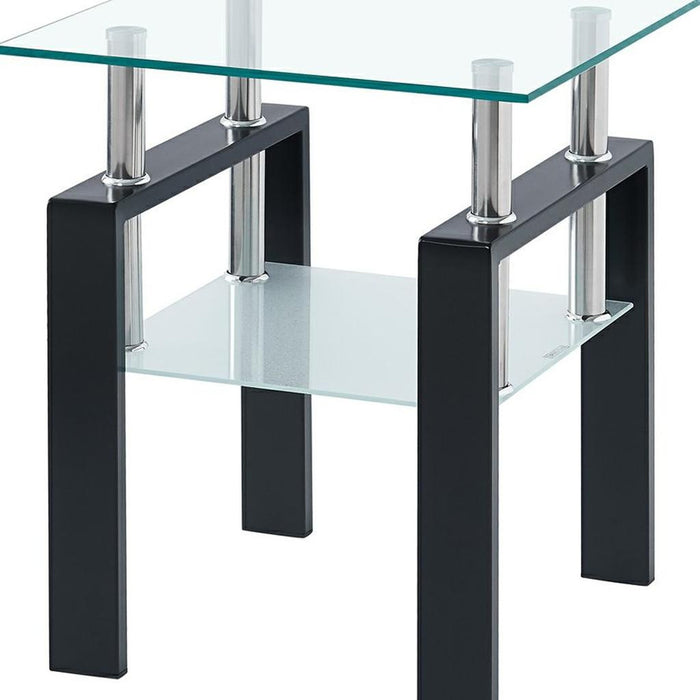 20" Clear and Black Glass and Steel Square End Tables With Shelf