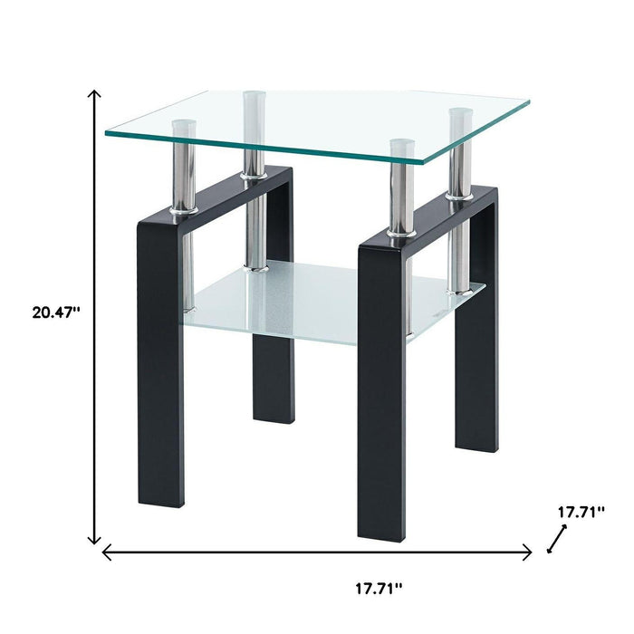 20" Clear and Black Glass and Steel Square End Tables With Shelf