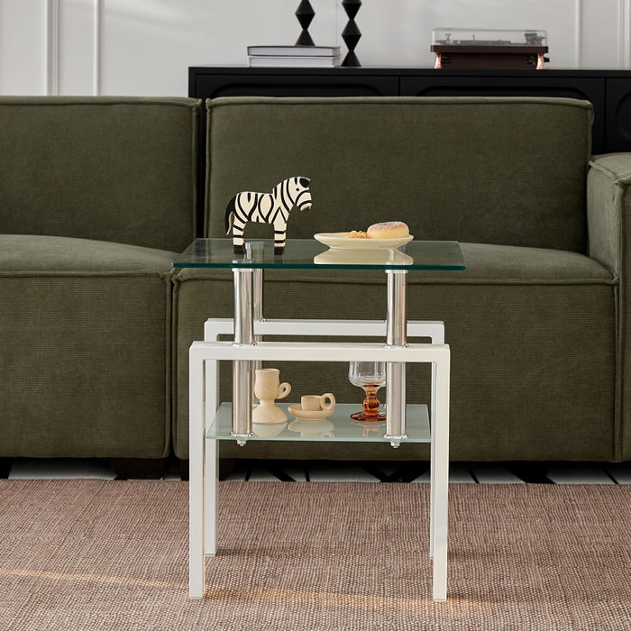 20" Clear and White Glass and Metal Square End Table With Shelf