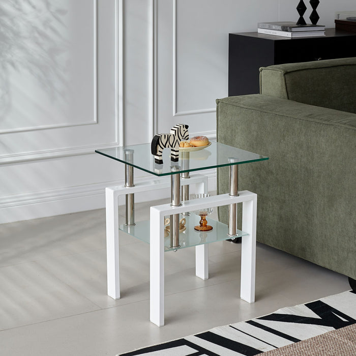 20" Clear and White Glass and Metal Square End Table With Shelf
