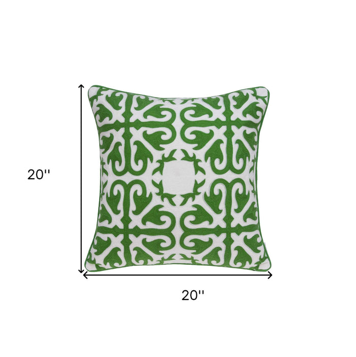 20" Green And White Stencil Cotton Throw Pillow