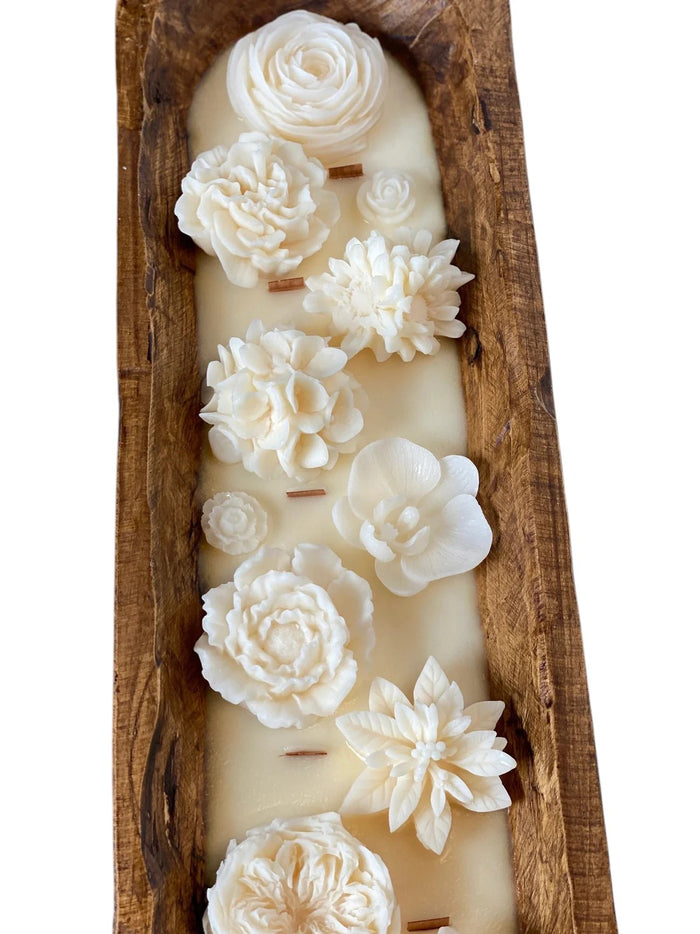 20" Ivory Honeysuckle And Jasmine Scented Six Wick Candle In Brown Distressed Wood Oval Dough Bowl