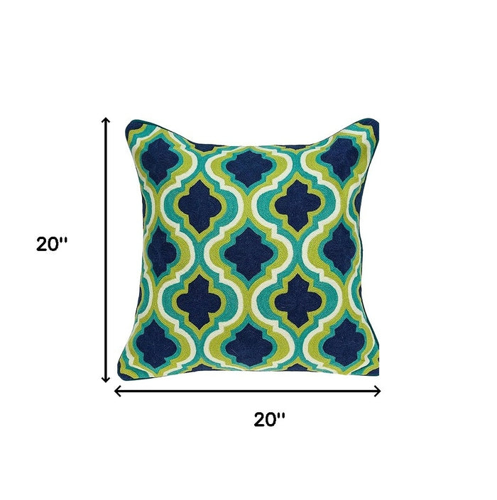 20" Navy Blue Yellow And Teal Quatrefoil Cotton Throw Pillow