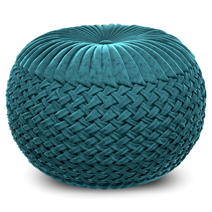 20" Teal Blue Velvet Tufted Round Pouf Ottoman