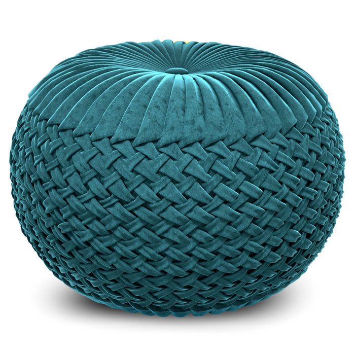 20" Teal Blue Velvet Tufted Round Pouf Ottoman