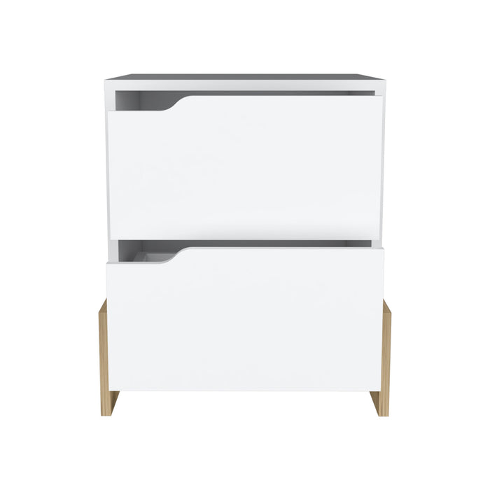 20" White And Natural Wood Two Drawer Nightstand