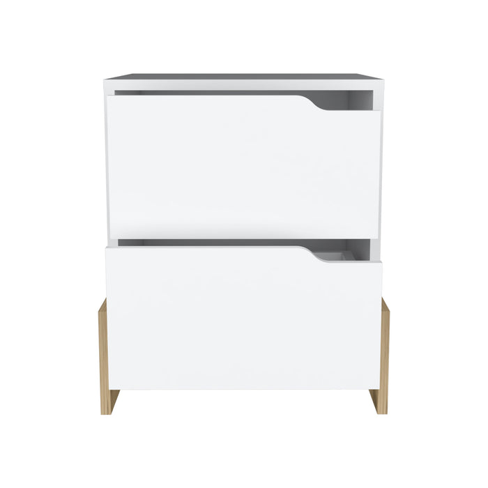 20" White And Natural Wood Two Drawer Nightstand