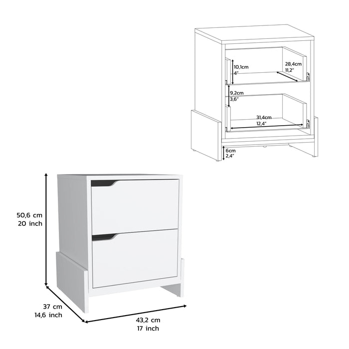 20" White Wood Two Drawer Nightstand