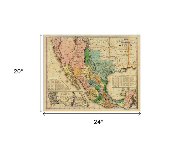 20" X 24" Vintage 1846 Map Of Mexico Wall Art