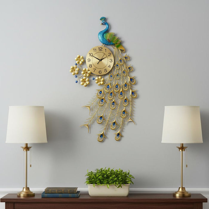 21" Blue Green And Gold Metal Silent Analog Peacock Novelty Wall Clock
