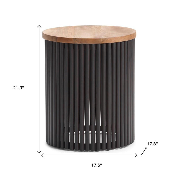 21" Natural Natural and Black Solid Wood and Iron Round Drum End Table