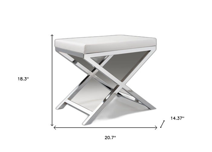 21" White and Silver Faux Leather and Metal Vanity Chair
