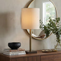 22" Antiqued Brass Metal Cylinder Table Lamp With Off White Drum Shade