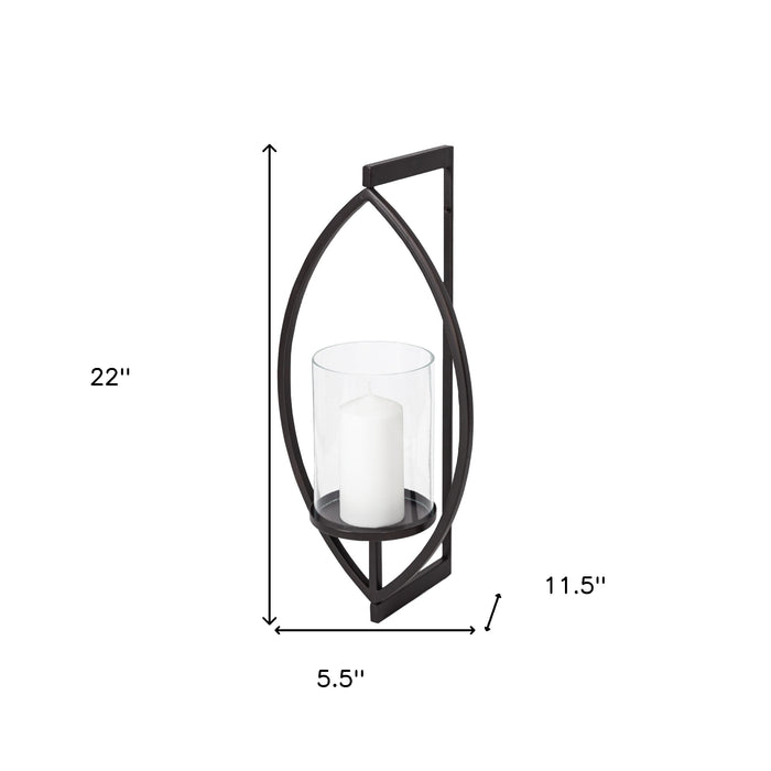 22" Black Geometric Metal And Glass Lantern Candle Holder
