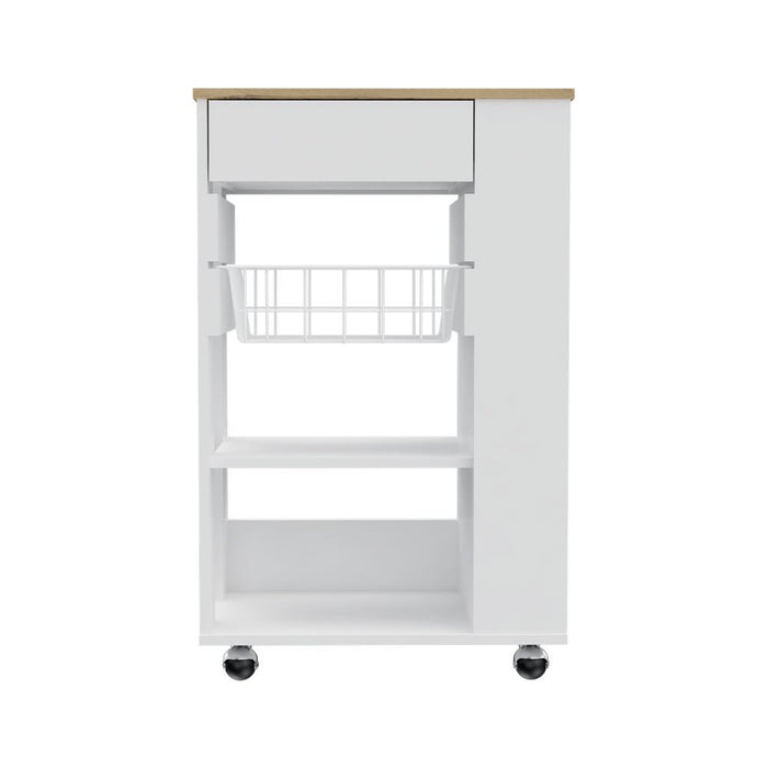 22" Brown And White Wood Rolling Kitchen Cart With Storage
