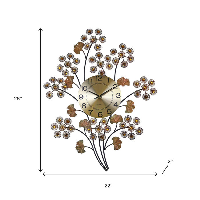 22" Copper Metal And Faux Crystal Silent Analog Gingko Floral Wall Clock