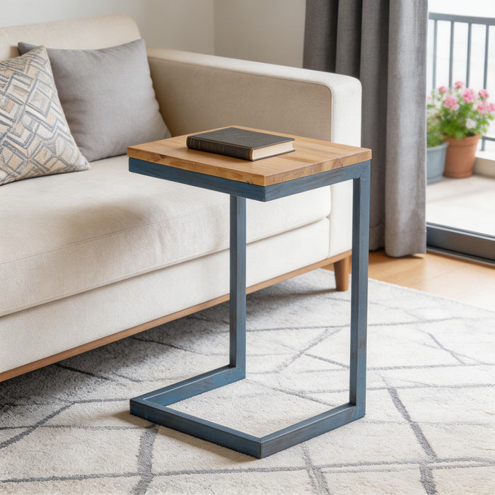 22" Natural and Blue Wood and Iron End Table