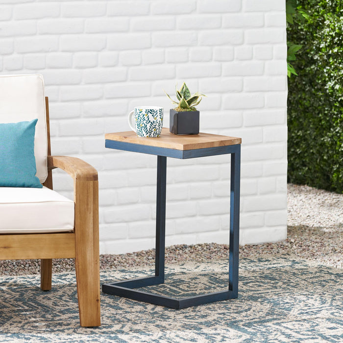 22" Natural and Blue Wood and Iron End Table