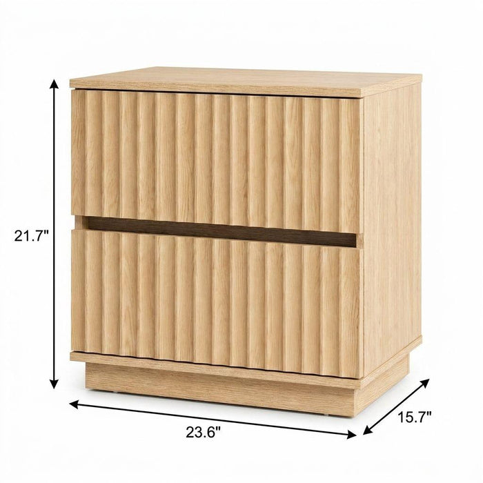 22" Natural Wood Ribbed Texture Two Drawer Nightstand