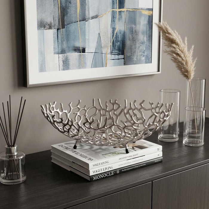 22" Silver Aluminum Faux Coral Oval Centerpiece Bowl