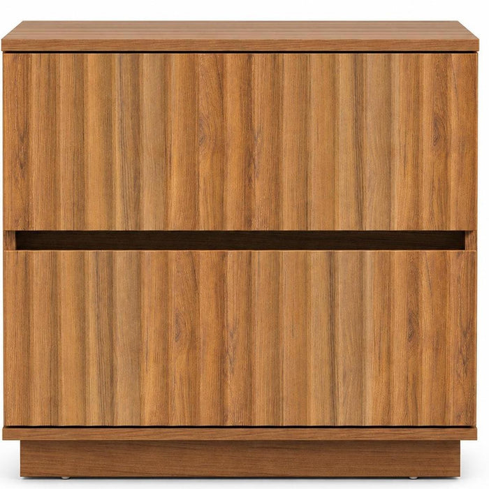 22" Walnut Wood Ribbed Texture Two Drawer Nightstand