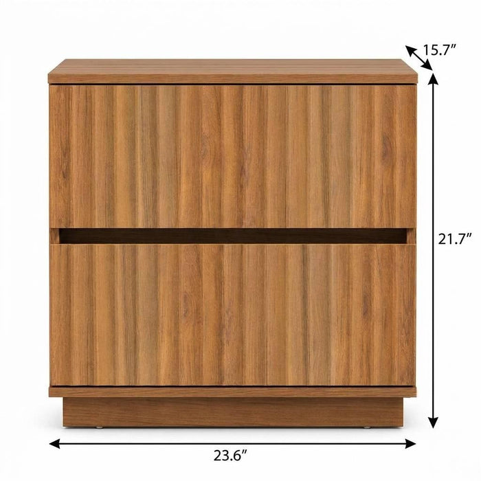 22" Walnut Wood Ribbed Texture Two Drawer Nightstand