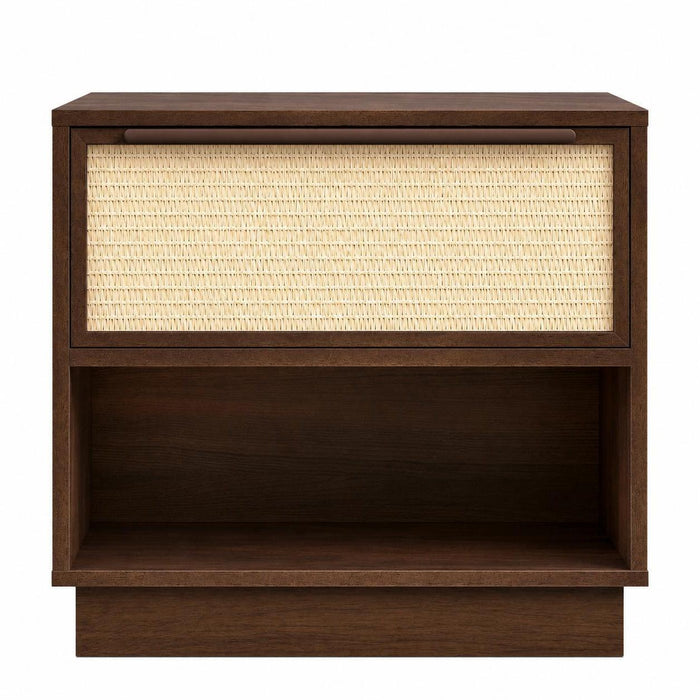 22" Walnut Wood Woven Texture One Drawer Nightstand