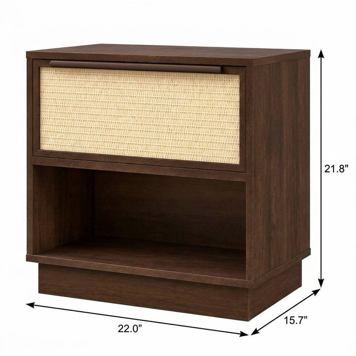 22" Walnut Wood Woven Texture One Drawer Nightstand