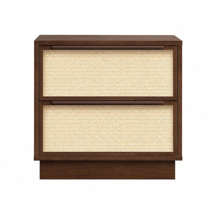 22" Walnut Wood Woven Texture Two Drawer Nightstand