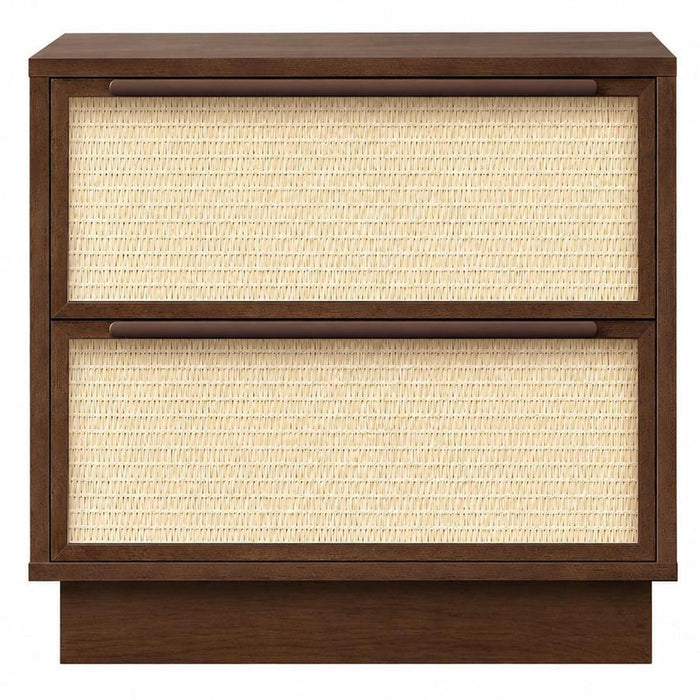 22" Walnut Wood Woven Texture Two Drawer Nightstand