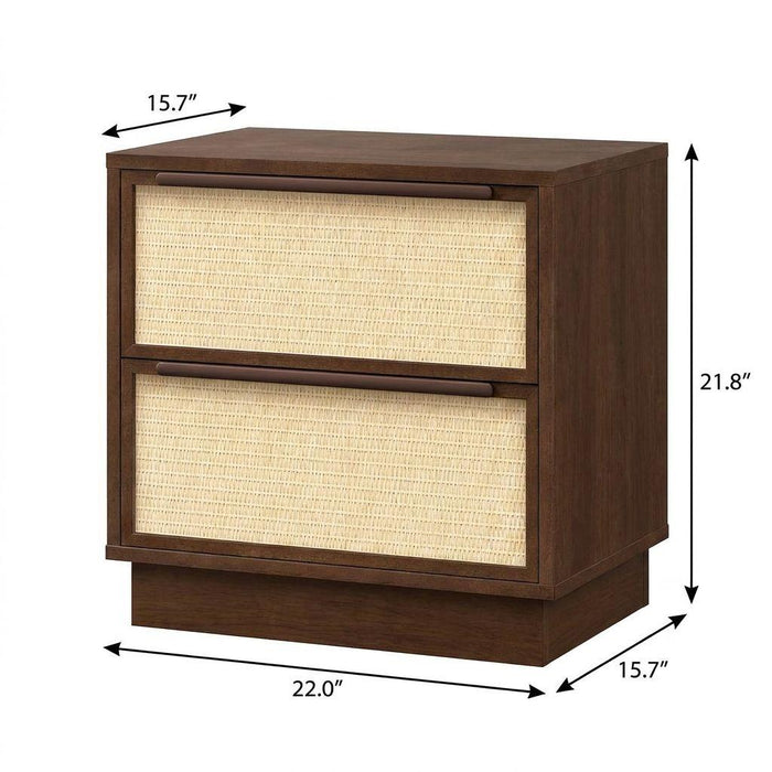 22" Walnut Wood Woven Texture Two Drawer Nightstand