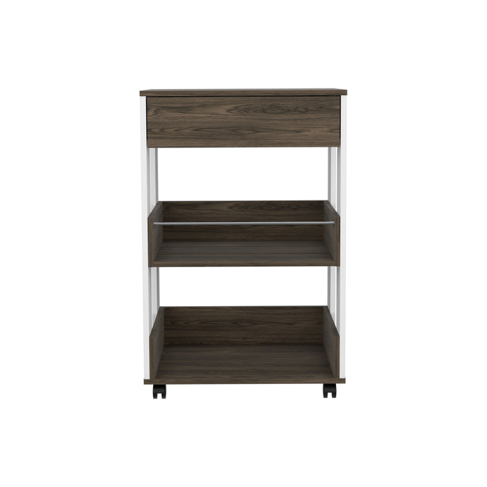23" Dark Brown and White Wood Rolling Kitchen Cart With Storage