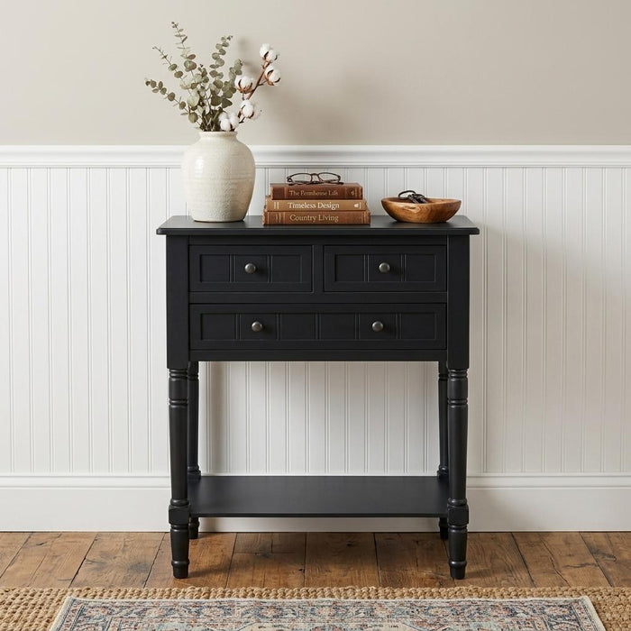 24" Black Solid Wood Console Table With Shelf And Three Drawers
