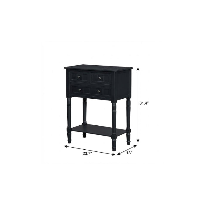 24" Black Solid Wood Console Table With Shelf And Three Drawers