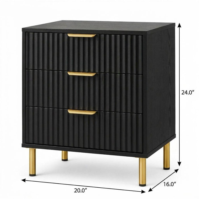 24" Black Wood Ribbed Texture Three Drawer Nightstand