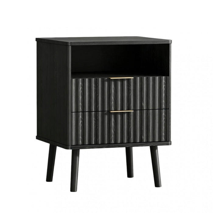 24" Black Wood Ribbed Texture Two Drawer Nightstand