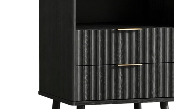 24" Black Wood Ribbed Texture Two Drawer Nightstand