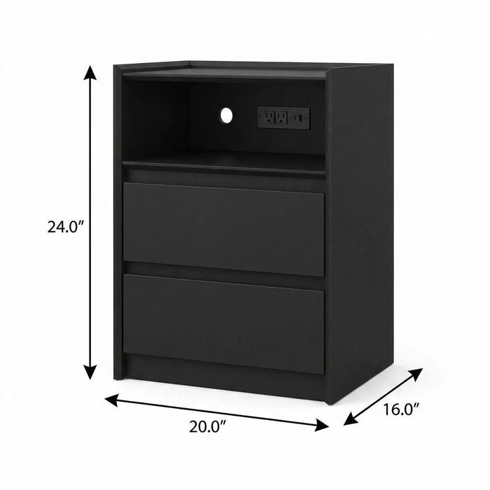 24" Black Wood Two Drawer Nightstand with USB Port and Integrated Tech