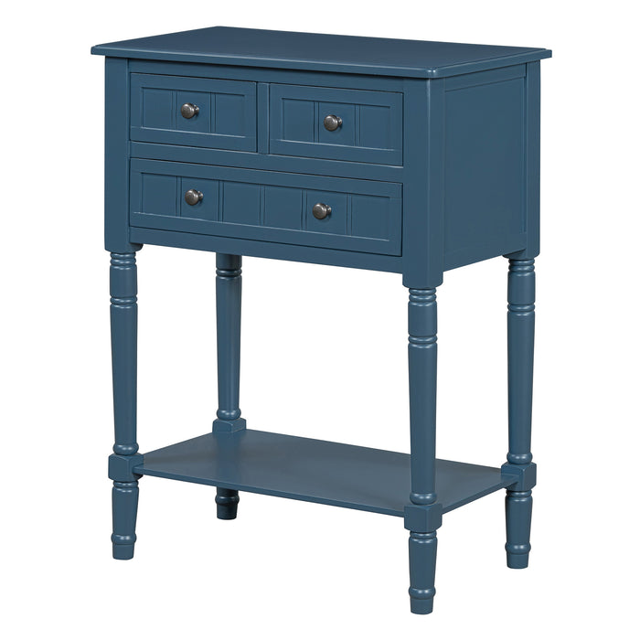 24" Blue Solid Wood Distressed Console Table With Shelf And Three Drawers