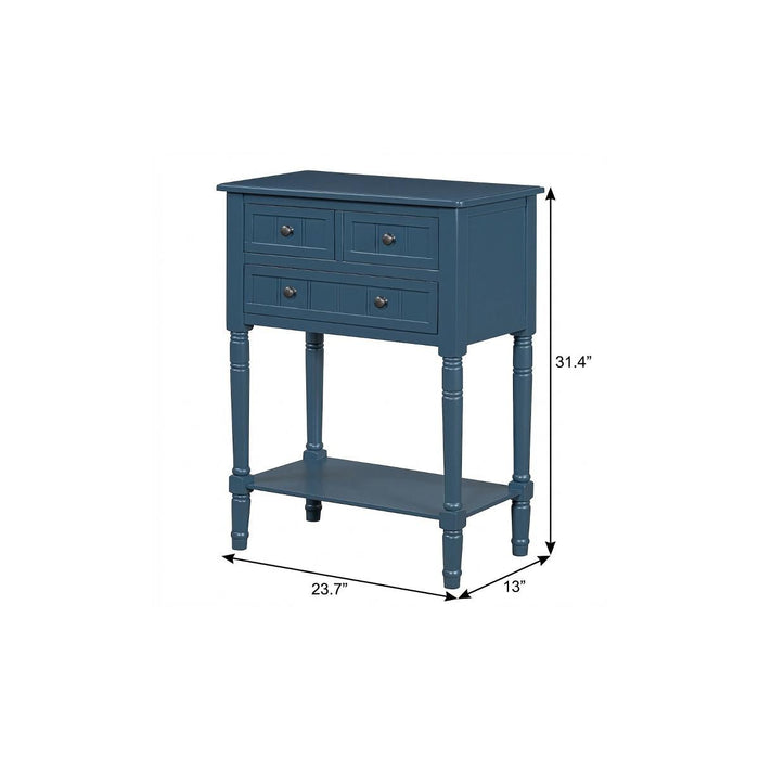 24" Blue Solid Wood Distressed Console Table With Shelf And Three Drawers