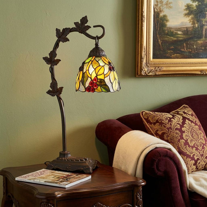 24" Bronze Metal Tiffany Style Table Lamp With Hanging Stained Glass Shade