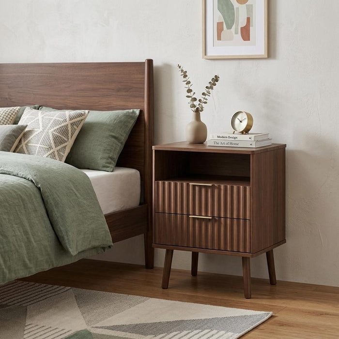 24" Brown Wood Ribbed Texture Two Drawer Nightstand