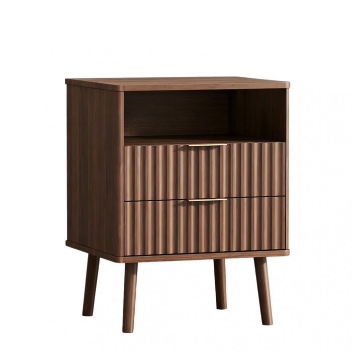 24" Brown Wood Ribbed Texture Two Drawer Nightstand