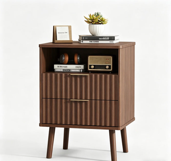 24" Brown Wood Ribbed Texture Two Drawer Nightstand