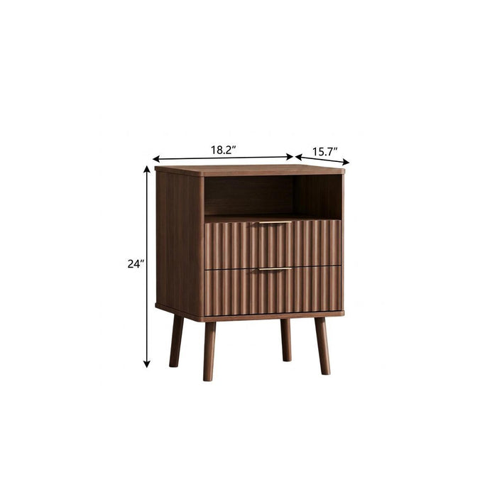 24" Brown Wood Ribbed Texture Two Drawer Nightstand