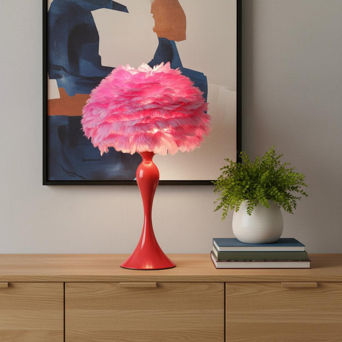 24" Glam Hot Pink Feather and Red Table Lamp