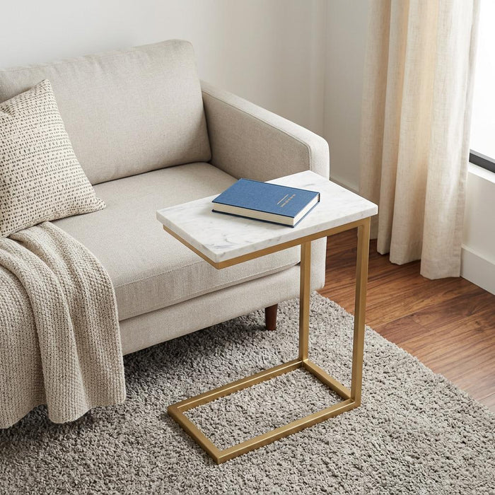 24" Glossy White and Gold Marble and Iron End Table