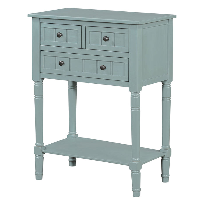 24" Light Blue Solid Wood Distressed Console Table With Shelf And Three Drawers