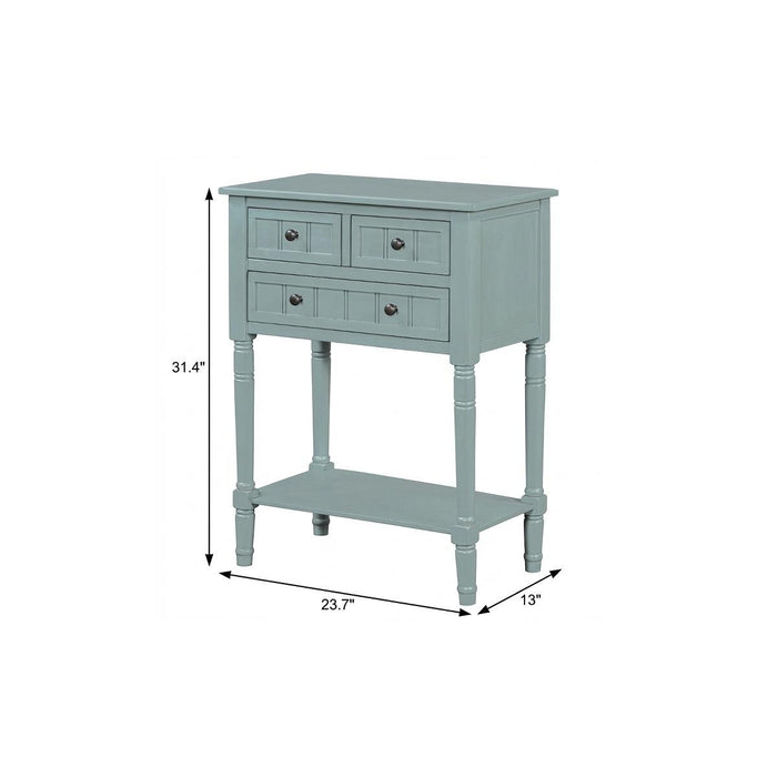 24" Light Blue Solid Wood Distressed Console Table With Shelf And Three Drawers
