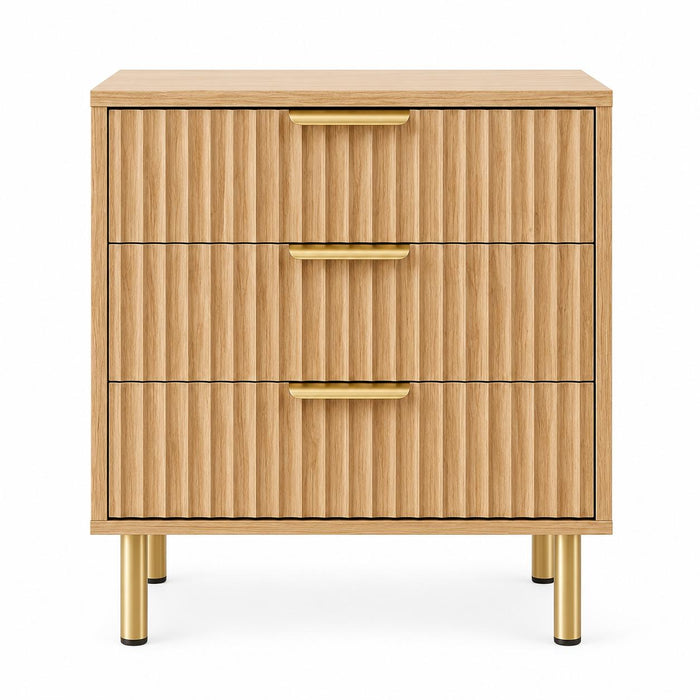 24" Oak Wood Ribbed Texture Three Drawer Nightstand